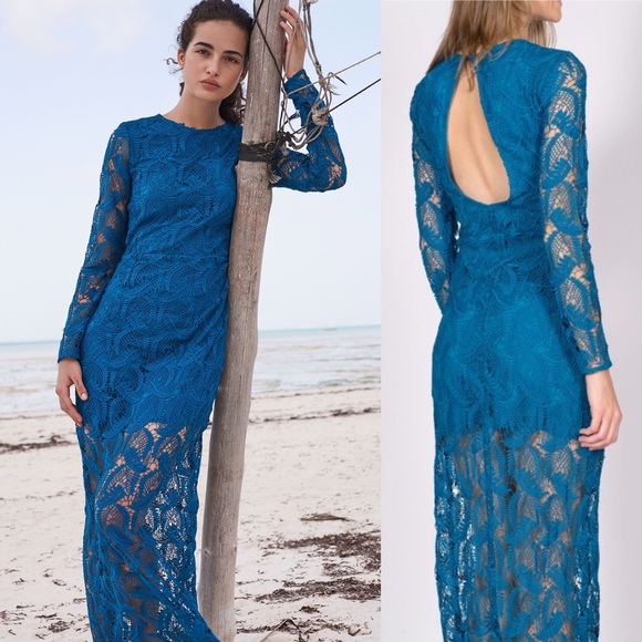 Maje Rosanne Lace Dress Bleu Guipure Maxi Long XS - Picture 1 of 13